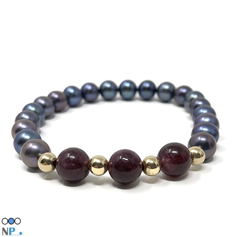 Bracelet de perles sur elastique solide avec perles de culture authentiques et Pierres natureles Grenat rouge pierres fines belle qualité 18k